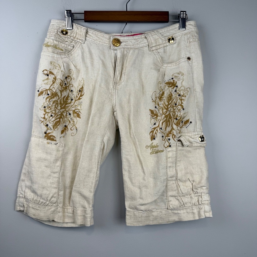Y2K Apple Bottoms Linen Blend Embroidered Cargo Short 9/10 McBling Hip Hop Baggy